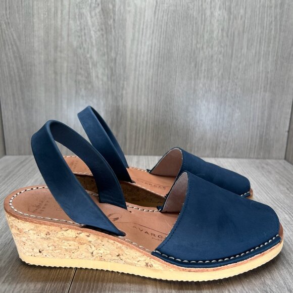 Avarcas Shoes - Avarcas Australia Wedge Sandal Womens 36 Cork Wedge Slingback Leather Navy Blue